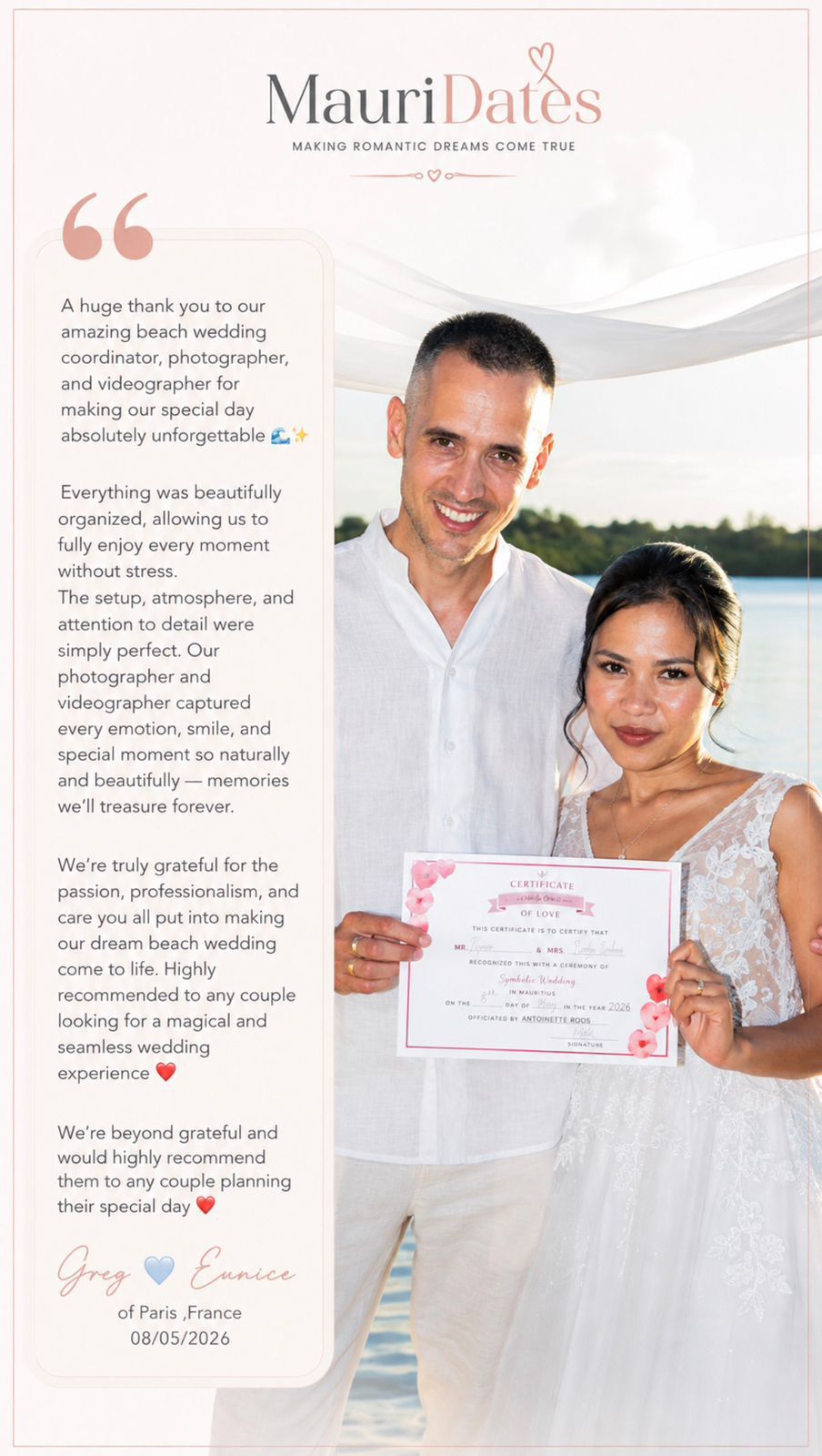 Thank-you note from a couple married on the beach in Mauritius, with a photo of them under the ceremony arch at sunset.